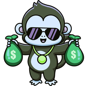 Cartoon monkey wearing sunglasses and holding green money bags, playful character illustration representing wealth, success, savings, and financial prosperity.