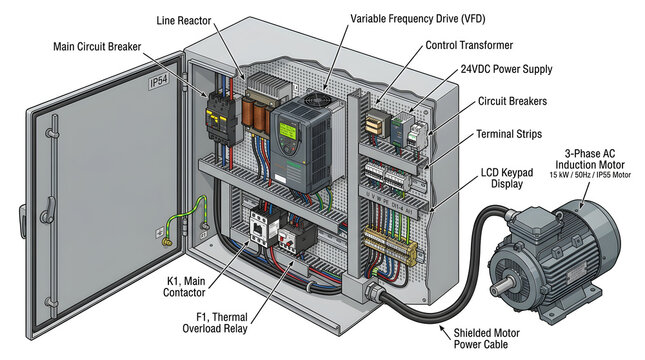 Industrial Electrical Control Panel Diagram with Variable Frequency Drive and Three Phase Induction Motor
