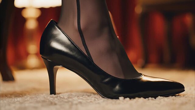 Close up of woman in black high heels walking on carpet floor