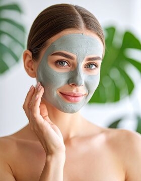 Smiling woman with green clay facial mask on face, enjoying beauty and skincare routine.