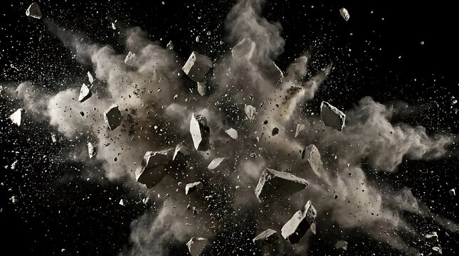 Exploding rocks and dust on black background