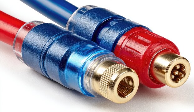 Close-up of blue and red audio cables with connectors
