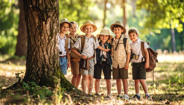Happy group of young children, dressed as explorers with hats and backpacks, smiling by a tree in a sunny forest.