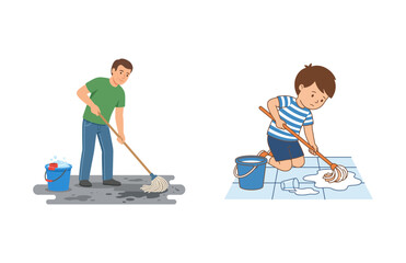 Vector illustration of a man and a boy cleaning floor surfaces with mops and buckets of water