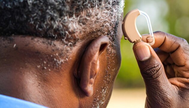 Close-up of an aged person's hand placing a modern beige hearing aid behind the ear.