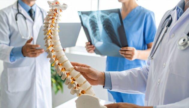 Doctors examining human spine model and X-ray films for diagnosis and patient education
