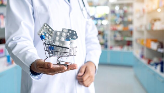 Pharmacist Hand Holding Miniature Shopping Cart with Blister Pack Medicines and Bottles in Pharmacy