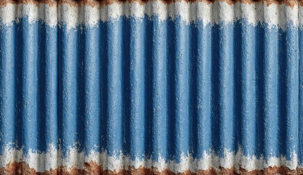 Corrugated metal sheet, painted blue and white, with rust