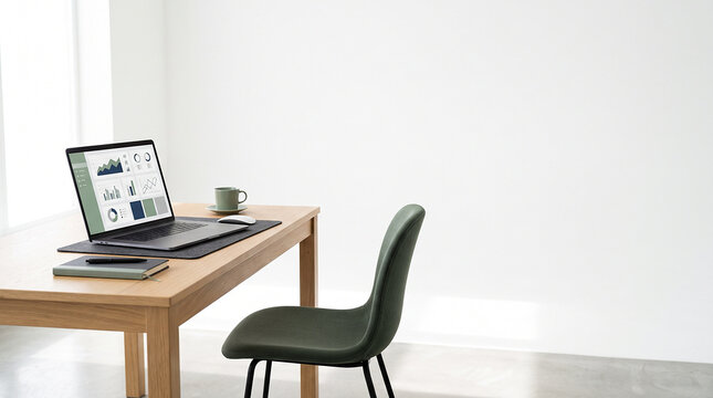 Modern office desk with laptop displaying data analytics charts and copy space