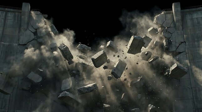Concrete blocks exploding with dust and smoke