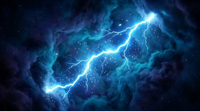 Blue lightning bolt through dark storm clouds