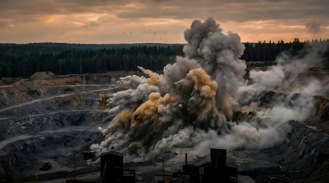Dust explosion in quarry at sunset