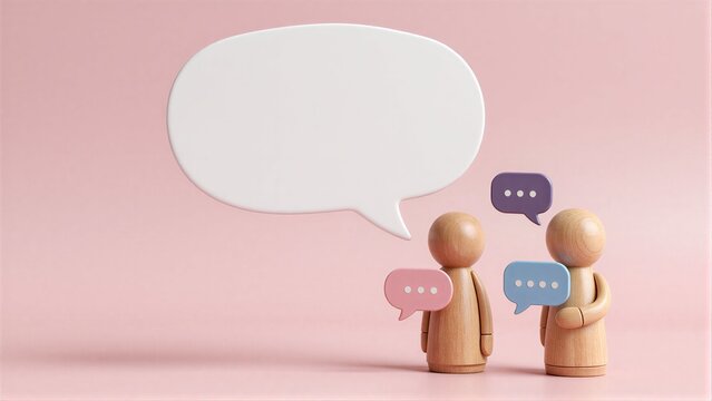 Two wooden figures converse, each with speech bubbles against a soft pink background.