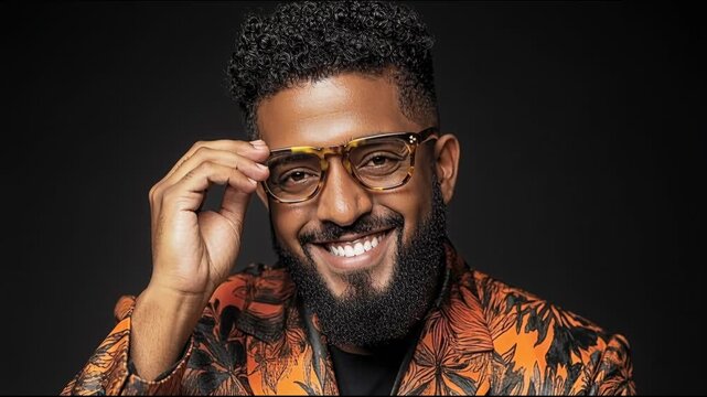 Man smiling in a patterned jacket with glasses in a dark setting