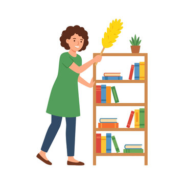 Woman cleaning a wooden bookshelf with a yellow feather duster in a modern home interior vector