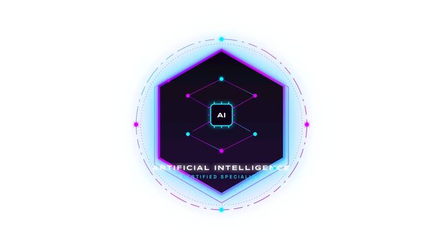 Artificial Intelligence Certified Specialist Hexagon Badge Logo Animation on White Background