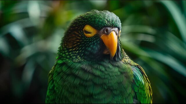Bright green parrot resting in a lush tropical environment during daylight hours