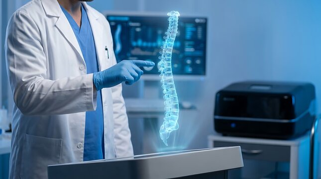 Medical professional in gloves points to holographic spine projection in advanced laboratory