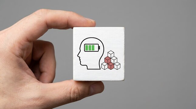 Hand holding cube with full battery icon in head, symbolizing high energy and mental clarity.