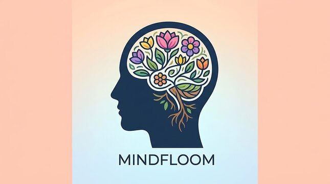 Silhouette of a human head with a vibrant tree of flowers and roots growing inside