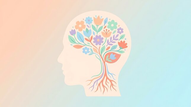 Stylized human head profile with a tree of colorful flowers and roots, symbolizing mental growth