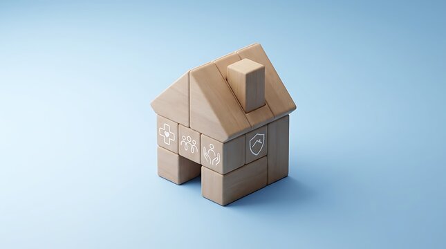 Wooden blocks forming a house with icons for family, health, and security, representing home insurance