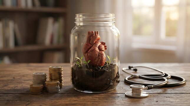 Human heart growing in a jar with plants, coins, and stethoscope, symbolizing healthcare investment
