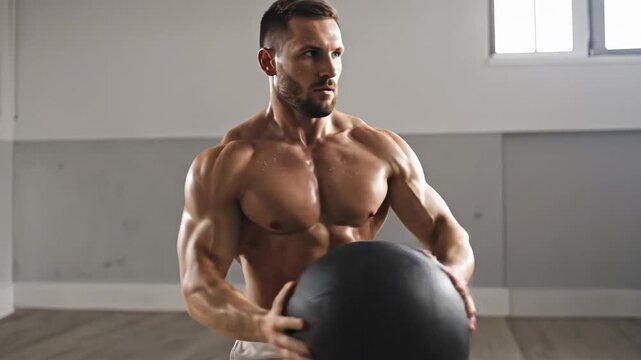 Muscular Man Doing Sit-Ups with Medicine Ball