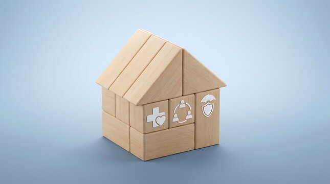 Conceptual image of a house made of wooden blocks with health, family, and security symbols.