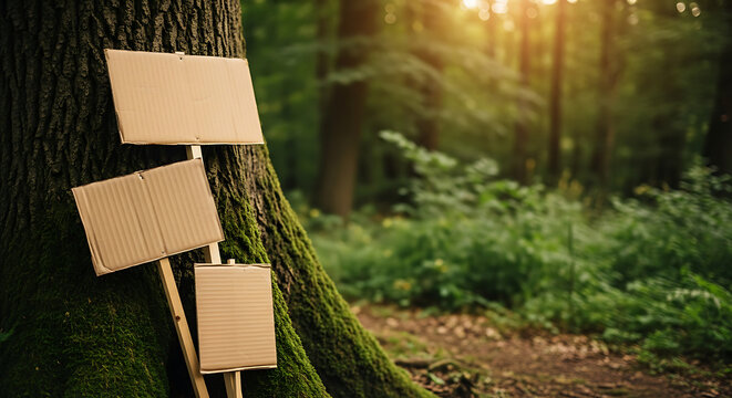 Close-up of three blank cardboard signs leaning against a mossy tree trunk in a sunlit forest. Empty brown placards with wooden sticks in a lush green woodland environment.