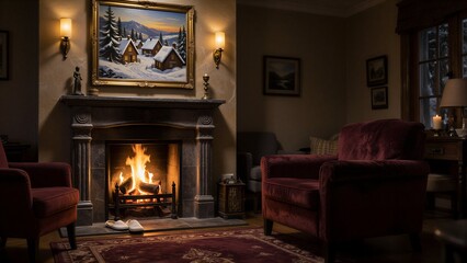 Fototapeta premium Cozy living room with fireplace, warm lighting, and snowy winter scene on the wall.