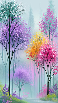 Colorful flowering spring trees glowing through soft pastel mist with layered branches, vibrant blossoms, tall trunks, dreamy forest atmosphere, fresh growth, serene botanical landscape