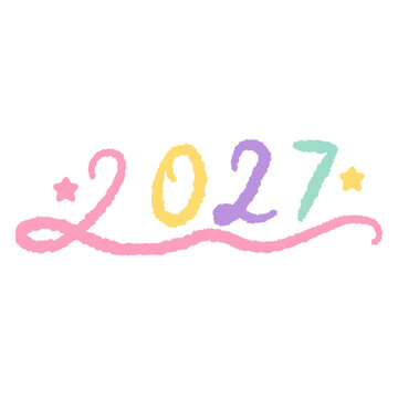 Cute hand drawn 2027 text colorful text typography with stars png illustration