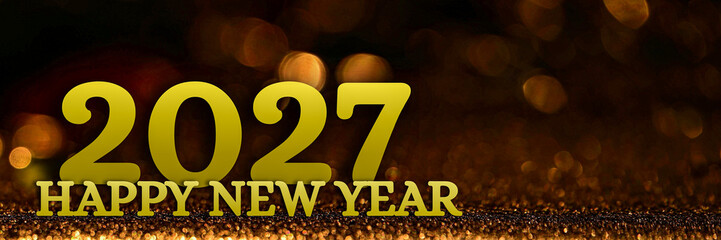 Golden 2027 Happy New Year typography glowing over a dark bokeh background, creating a festive, elegant atmosphere for celebrations, greetings, countdowns, and seasonal designs. © Januka