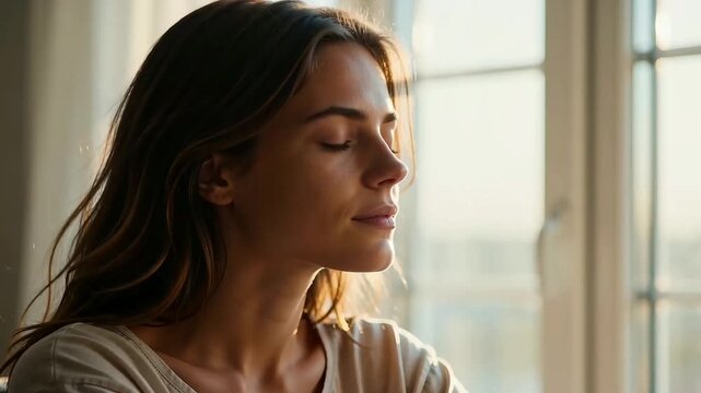 Serene young woman smiling by window in warm golden sunset light, peaceful indoor atmosphere with cinematic backlighting.