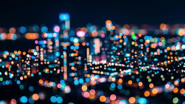 雪のように舞うカラフルな円形ボケが、光り輝く抽象的な都市の夜景を形成するマクロ映像。