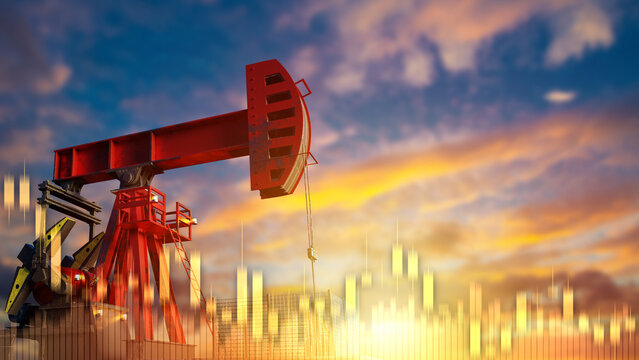 Oil production. Pumpjack extracts crude oil from an onshore field, representing petroleum extraction, energy supply, commodity markets and oil prices.