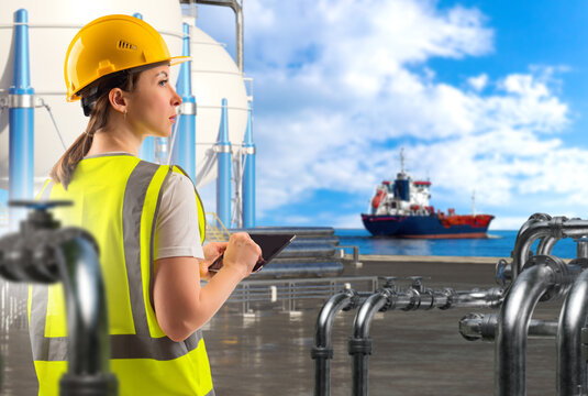 LNG terminal. Female engineer inspects liquefied natural gas storage, pipelines and maritime loading operations as an LNG carrier approaches the facility.