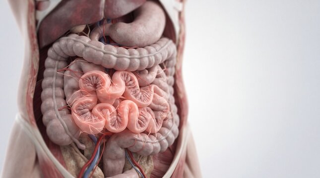 Inflamed Small Intestine and Intestinal Pain, Gastrointestinal Medical Illustration