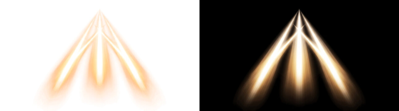 Triple searchlight beam array with converging amber light columns glowing transparent overlay design element