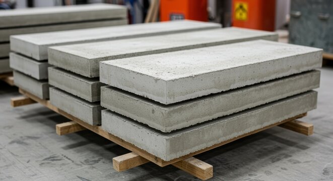 Concrete slab stacked on wooden pallet in industrial warehouse for construction