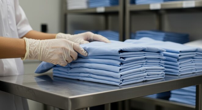 Medical scrubs folded on table handled by gloved person in clinical setting