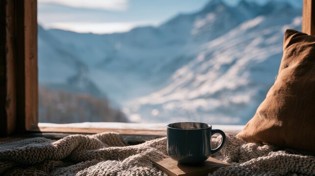 Cozy Winter Morning: A warm cup of coffee rests on a cozy blanket, with a breathtaking snow-covered mountain range visible through the window, inviting a sense of tranquility and warmth.