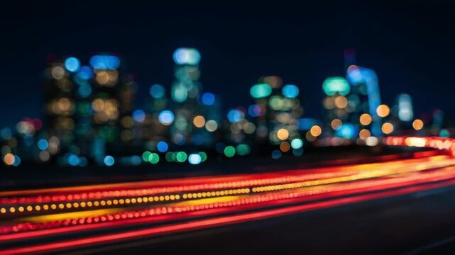 カラフルな円形ボケで描かれた都市の夜景シルエット。赤と黄の光がトラフィックのように流れる抽象的なループ映像。