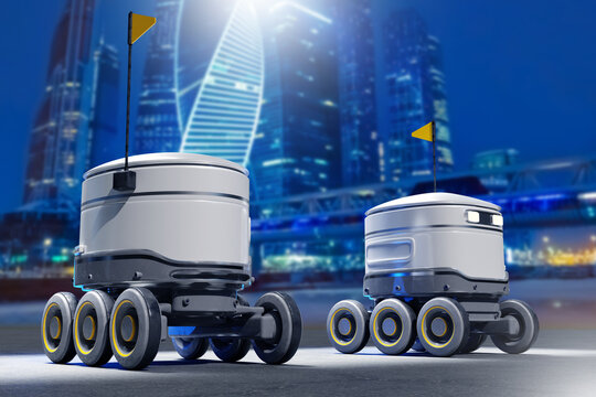 Autonomous delivery. Delivery robots transport parcels through a smart city, supporting last-mile logistics, automated courier services and urban e-commerce operations.