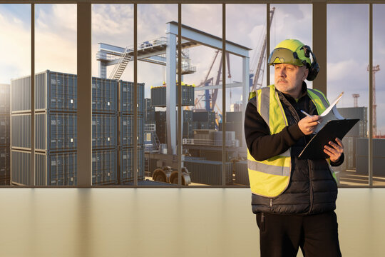Container terminal. Port logistics supervisor inspects container handling operations, coordinating cargo loading, shipping schedules and terminal logistics management.