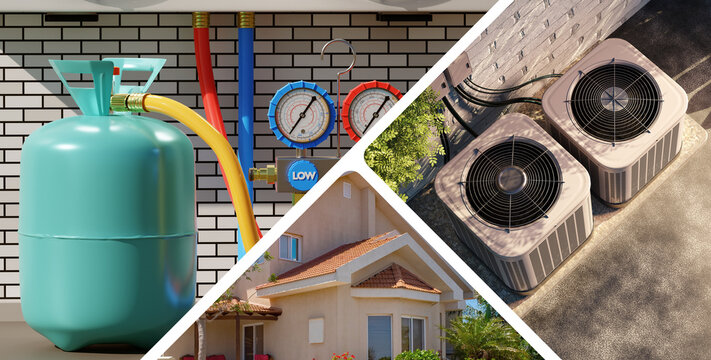HVAC service. Air conditioning installation and refrigerant charging for a residential home, featuring outdoor condenser units, manifold gauges and refrigerant cylinder.