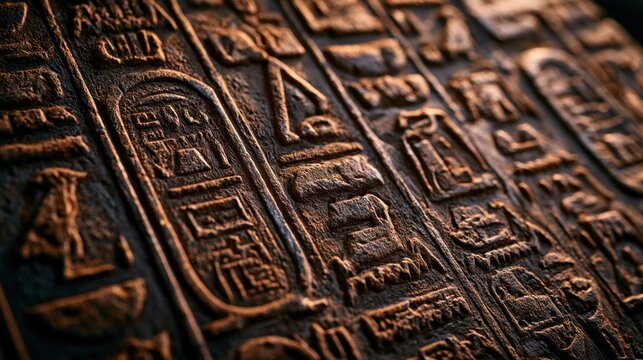 Ancient Egyptian Hieroglyphs Carved in Stone: A close-up view reveals the intricate details of ancient Egyptian hieroglyphs etched into a weathered stone surface.
