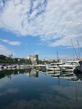 Motorboats and yachts docked at Tomis Marina in Constanta, Romania