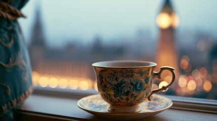 Fototapeta premium Afternoon Tea with a View: A beautifully ornate teacup and saucer sit by a window, with the blurred lights of a city skyline and iconic clock tower in the background.